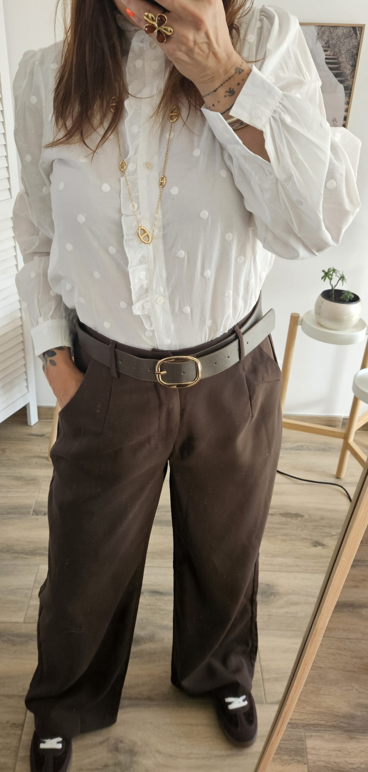 Pantalon large chocolat ceinturé