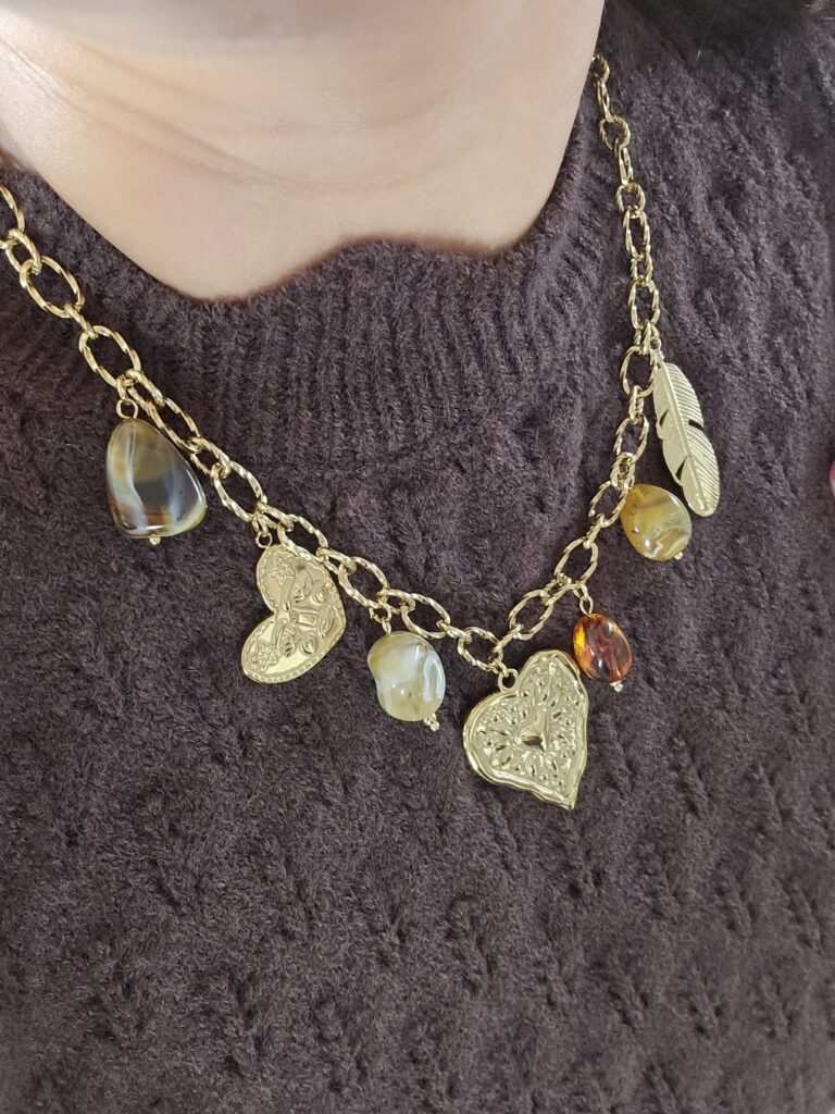 Collier Charms Cœur Bohème - Doré et Marron