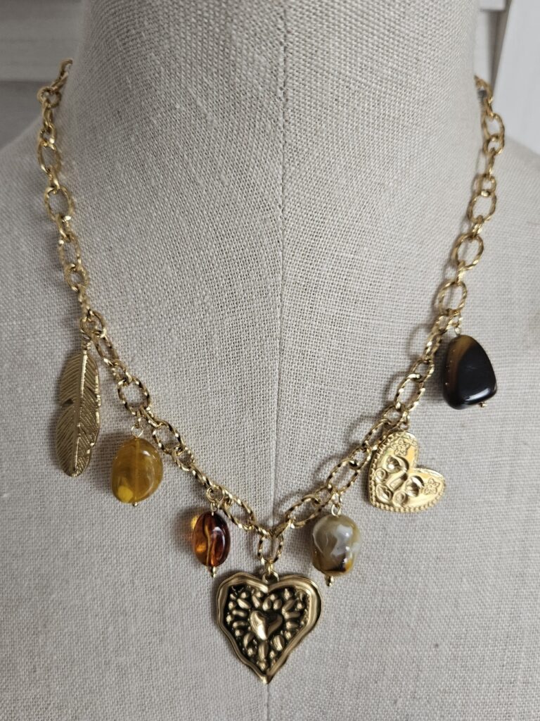Collier Charms Cœur Bohème - Doré et Marron