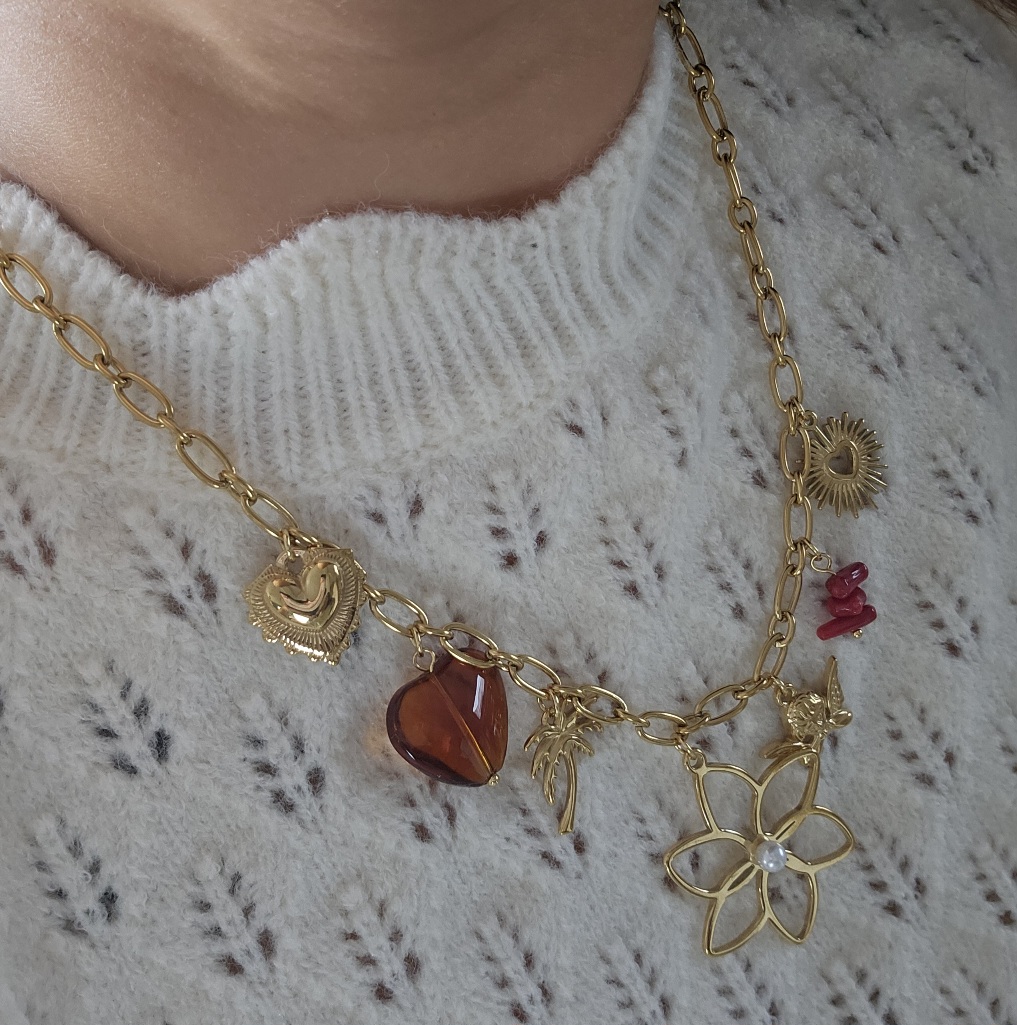 Collier Fleur et Charms - Doré et Marron Ambré