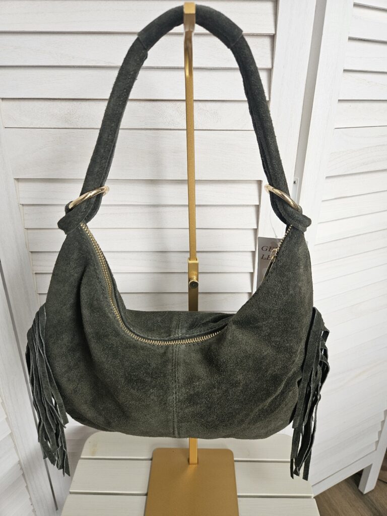 Sac porté en cuir à franges kaki
