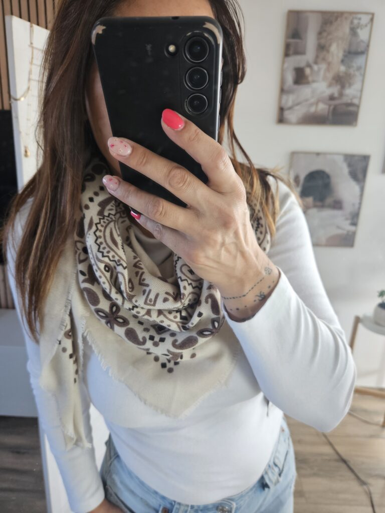 Foulard Bandana Bohème - Ecru - 110 cm - 20% Laine