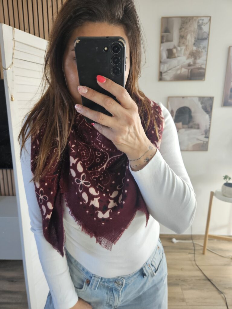 Foulard Bandana Bohème - Bordeaux - 110 cm - 20% Laine