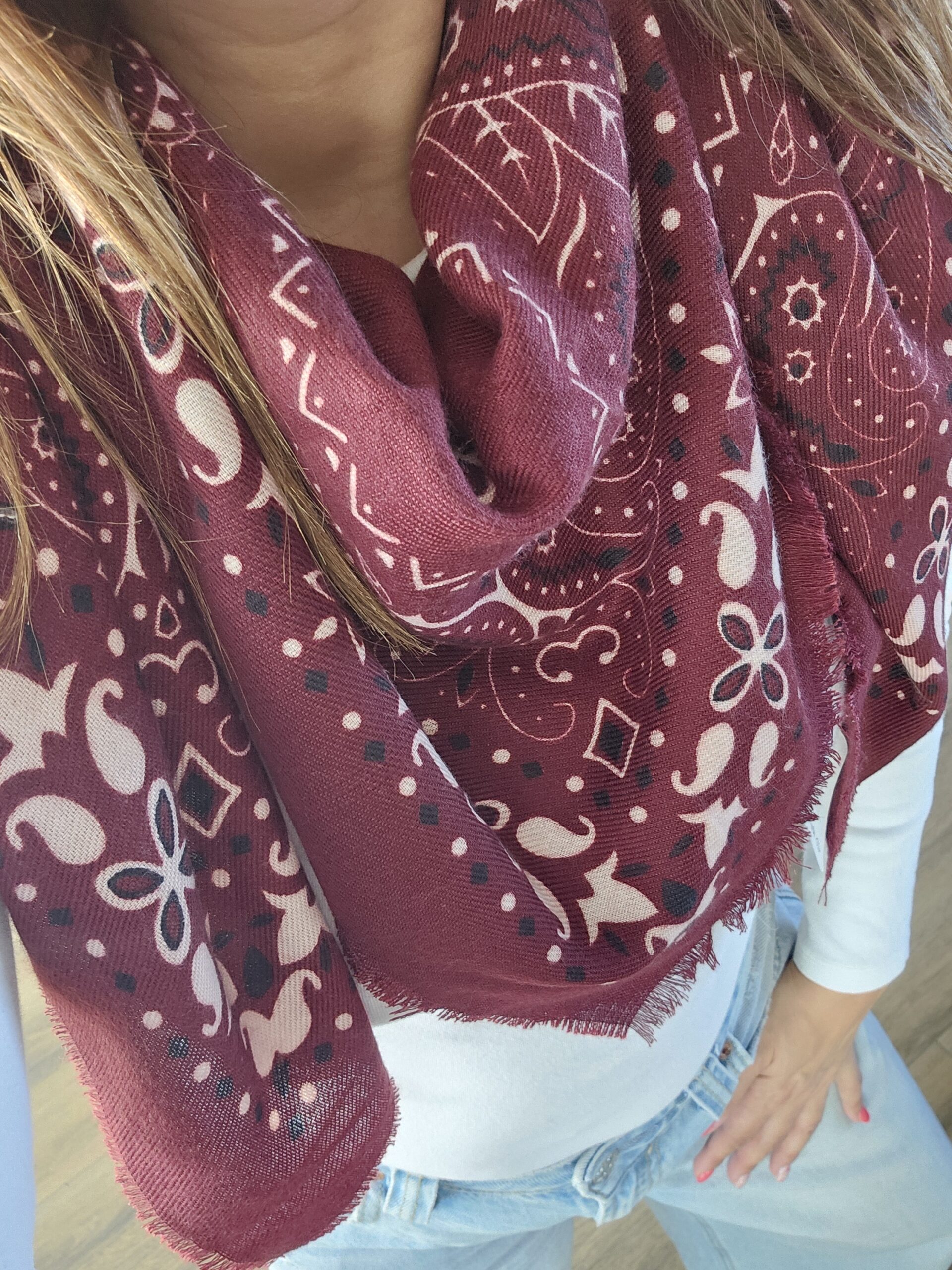 Foulard Bandana Bohème - Bordeaux - 110 cm - 20% Laine – Image 2