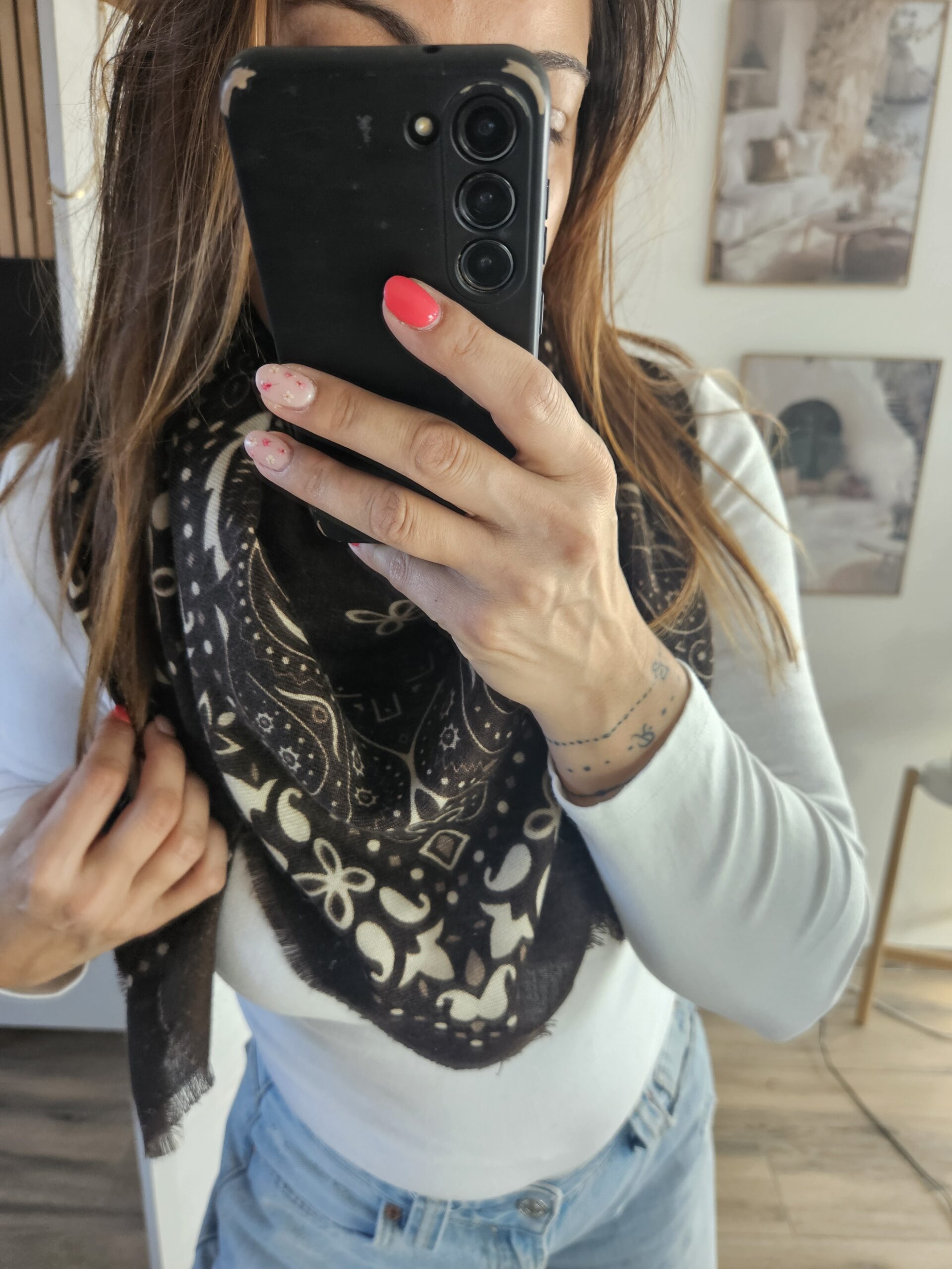 Foulard Bandana Bohème - Chocolat - 110 cm - 20% Laine