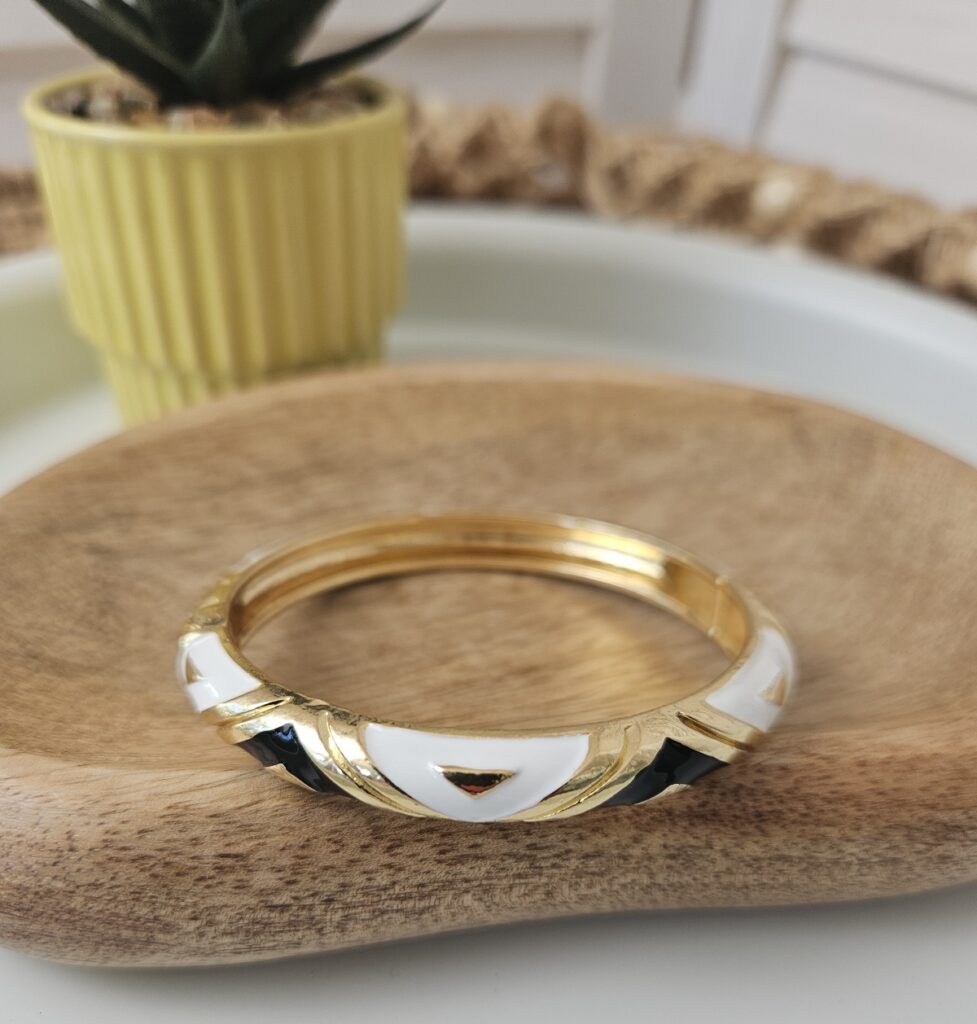Bracelet jonc doré émaillé noir et blanc doré
