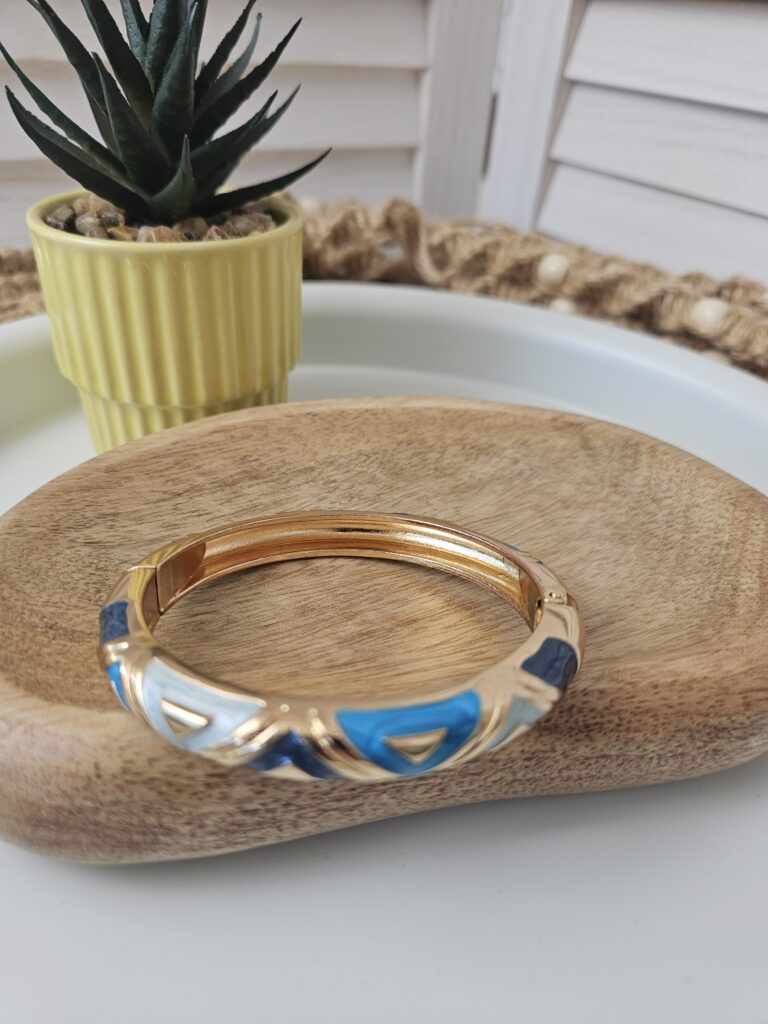Bracelet jonc doré émaillé bleu ciel, bleu turquoise et bleu marine - doré