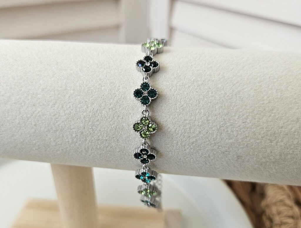 Bracelet fleurs scintillantes Argenté et camaïeu de verts