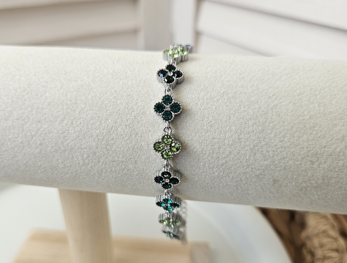 Bracelet fleurs scintillantes Argenté et camaïeu de verts