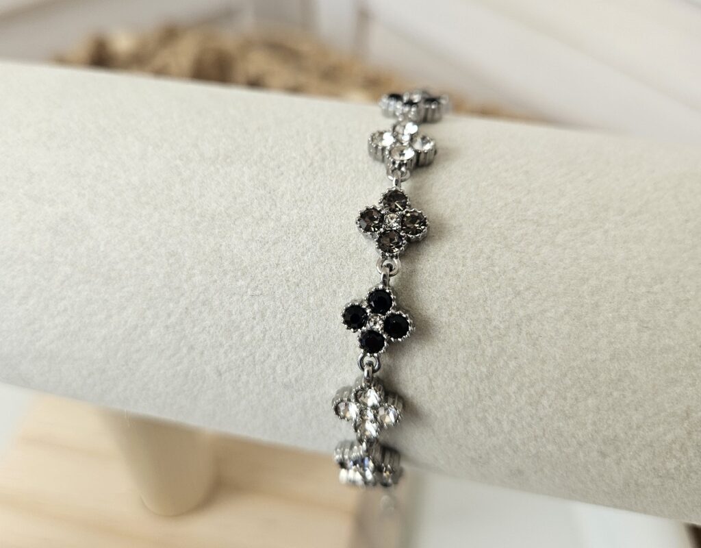 Bracelet fleurs scintillantes Argenté, noir et fumé