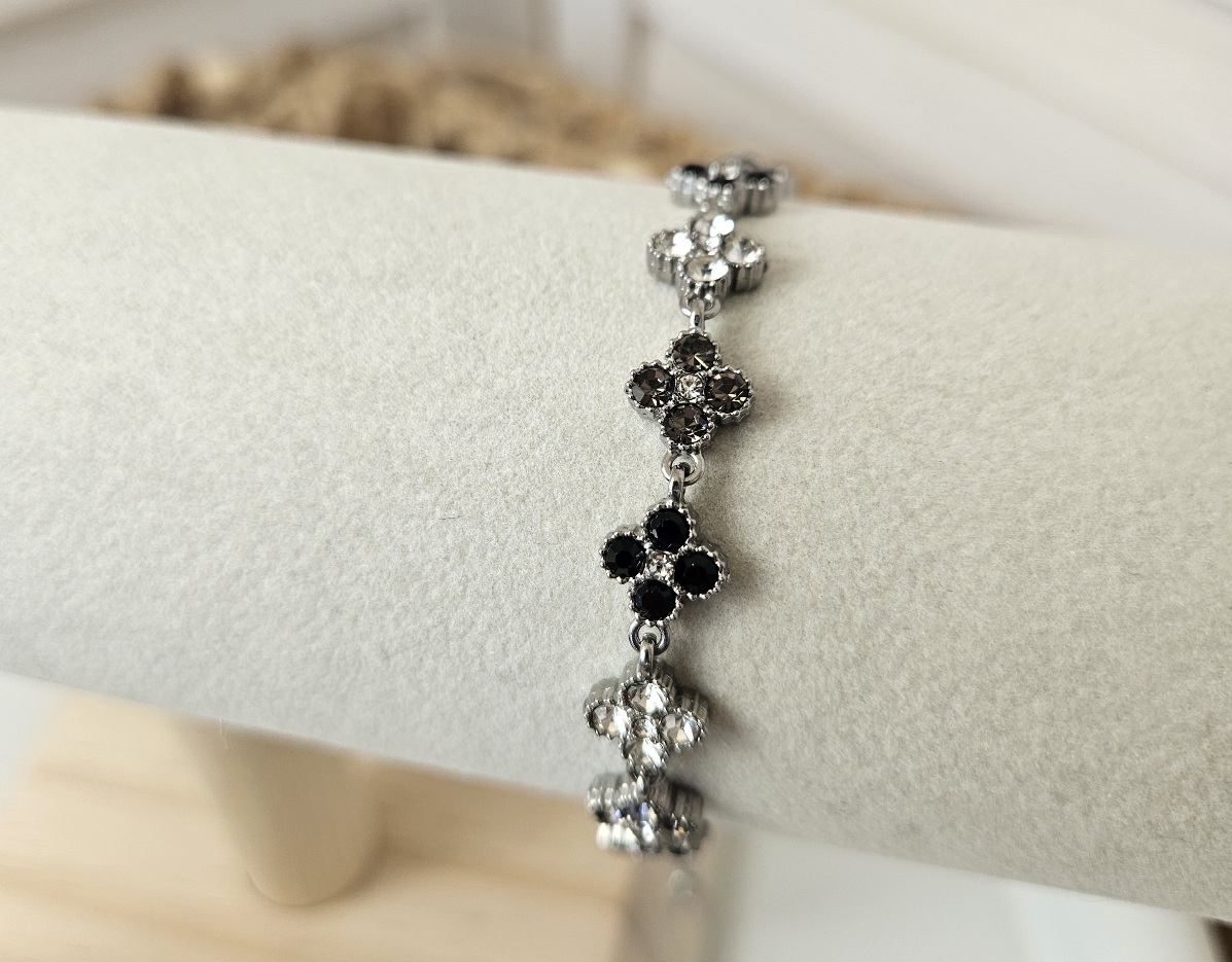 Bracelet fleurs scintillantes Argenté, noir et fumé