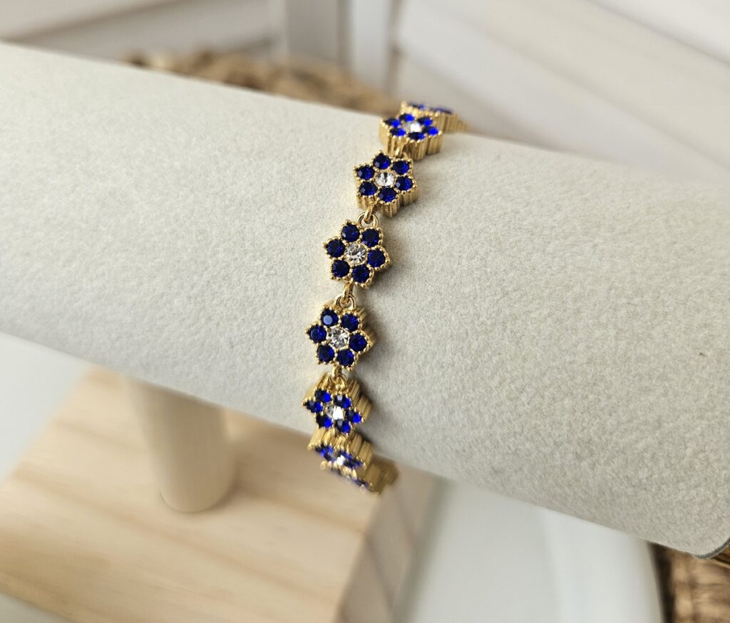 Bracelet fleurs scintillantes Doré et bleu royal