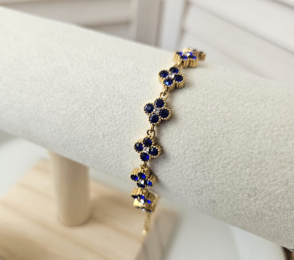 Bracelet fleurs scintillantes Doré et bleu roi