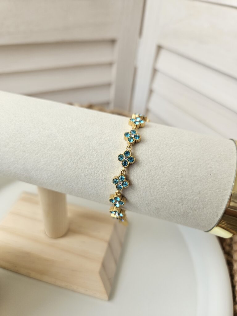 Bracelet fleurs scintillantes Doré et turquoise