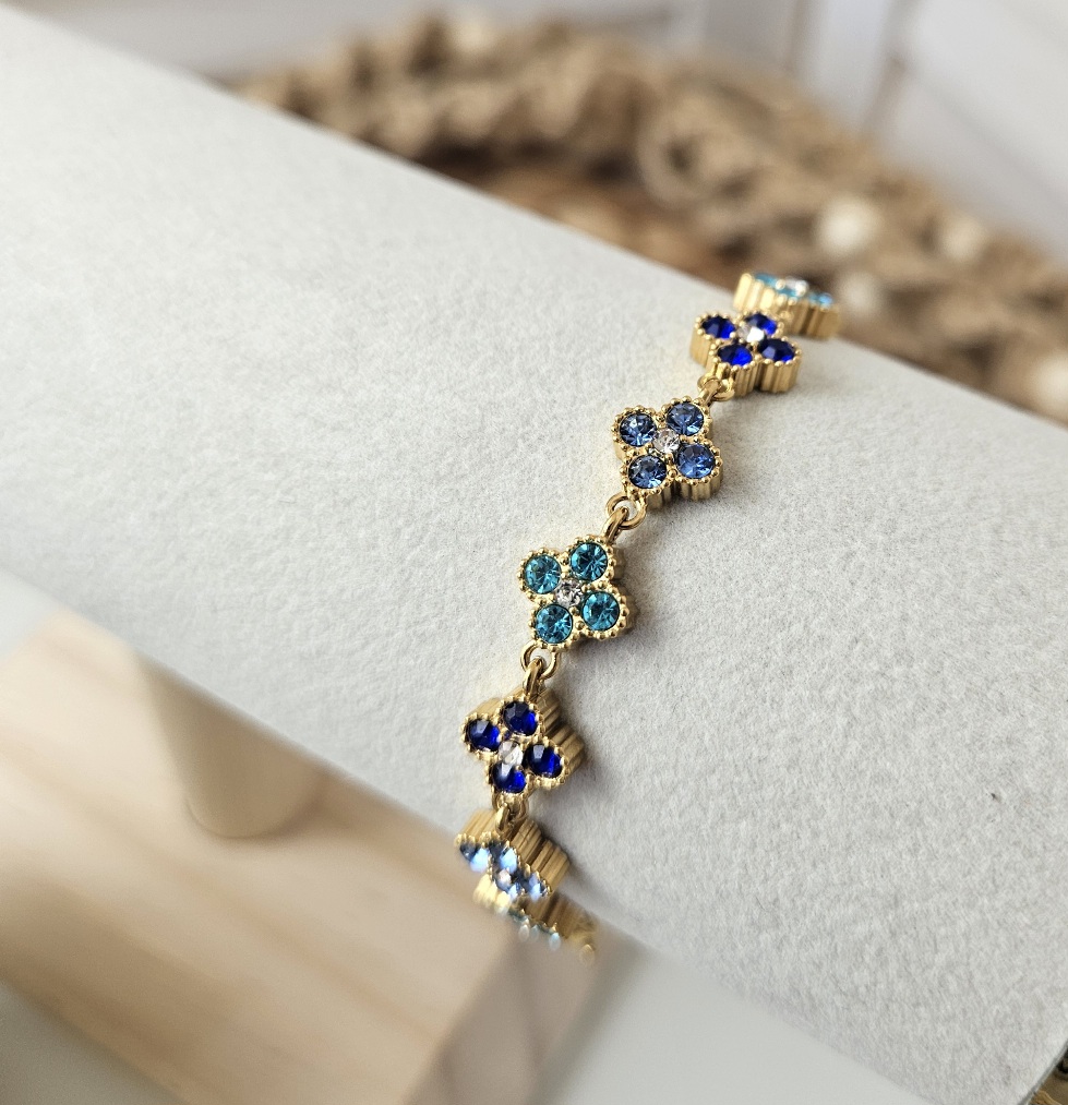 Bracelet fleurs scintillantes Doré et camaïeu de bleus