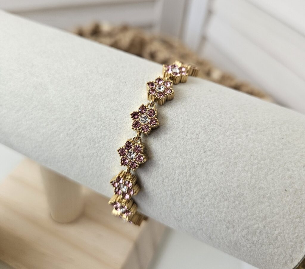 Bracelet fleurs scintillantes rose et cristal