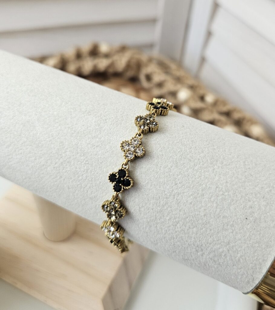 Bracelet fleurs scintillantes noir et cristal